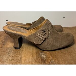 Mix It Suede Tan Leather Upper Mules Slip On Heels Shoes Buckle Trim  9.5 M